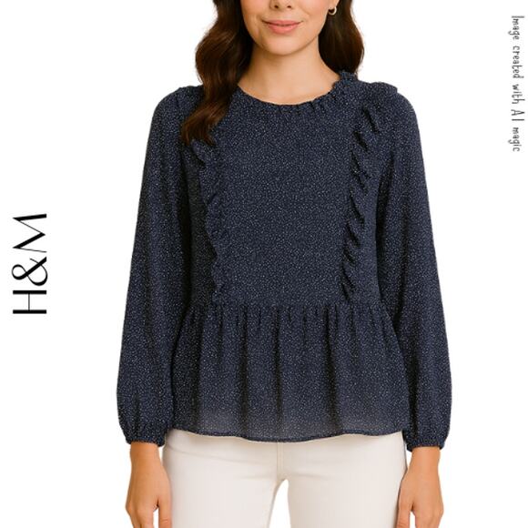 H&M Blue & White Speckled Peplum Ruffle Blouse, Size Small (6), NWT! - Picture 1 of 8